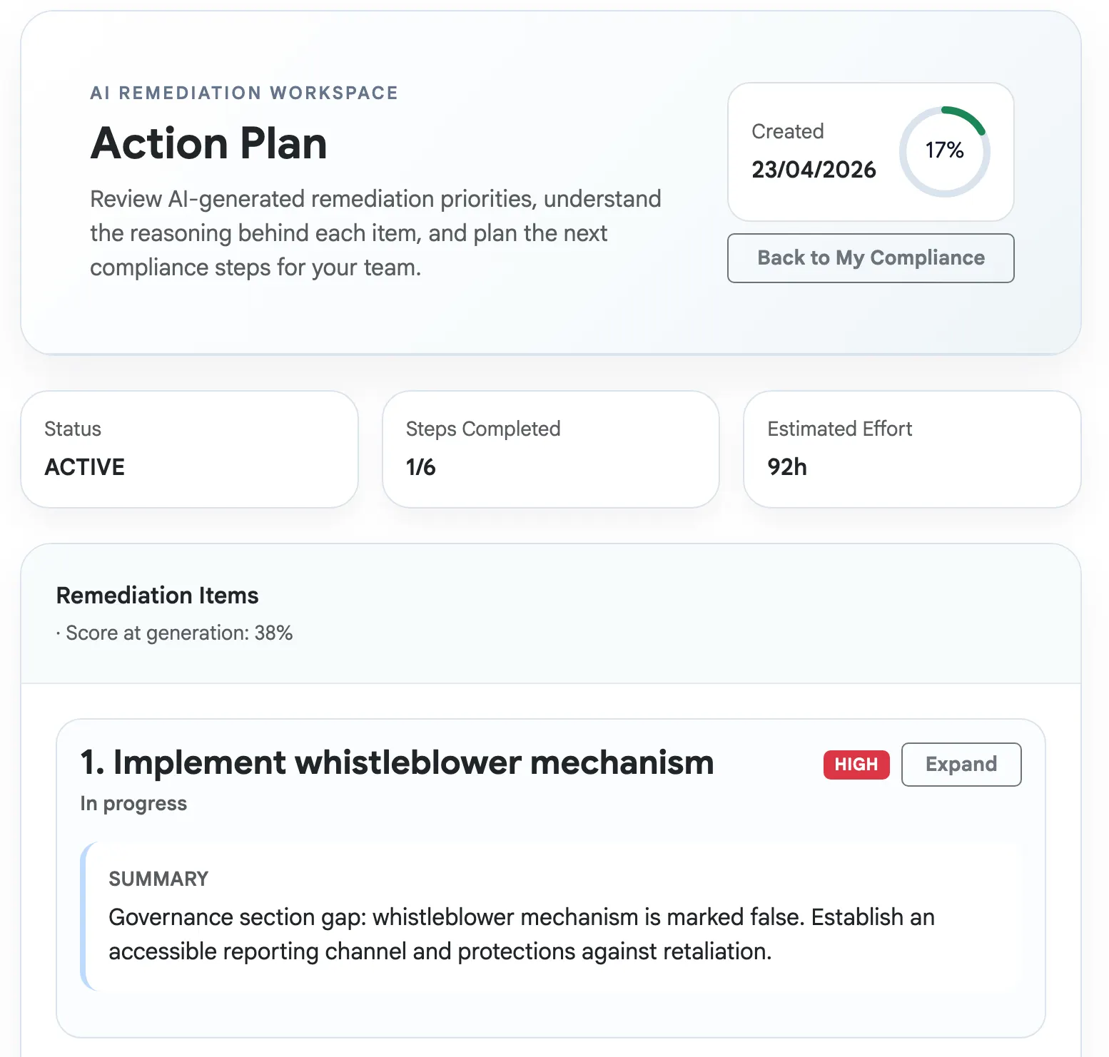 AI compliance action plan dashboard for supplier remediation